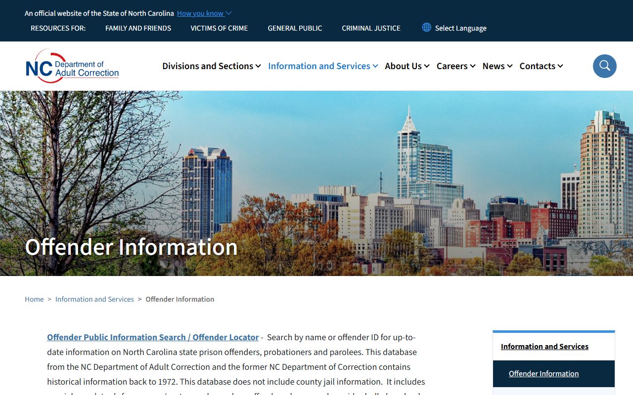 NCDAC offender search landing page for state prison lookup